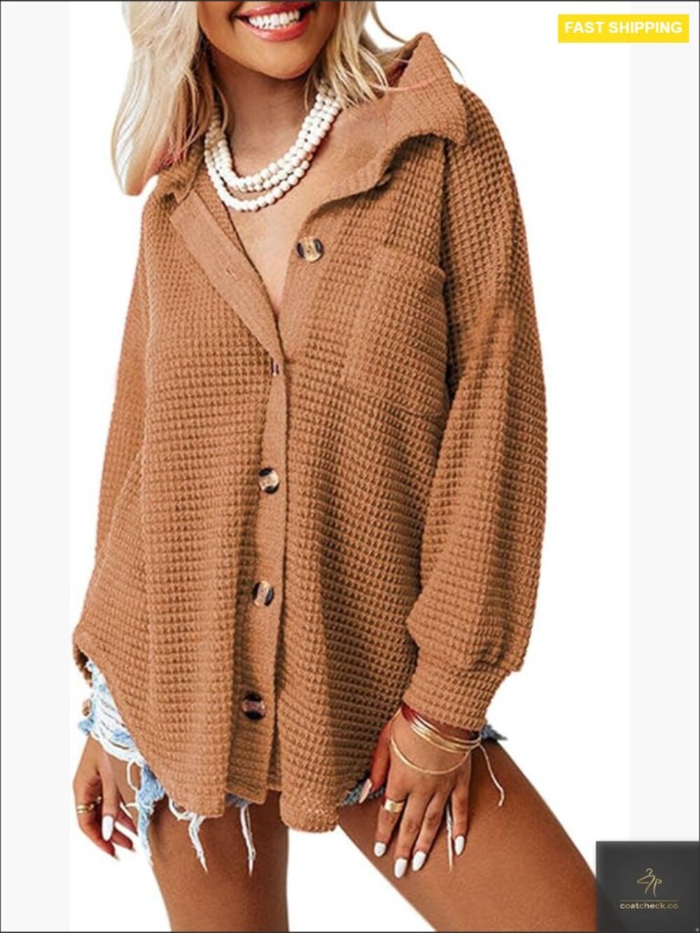 Waffle Knit Button Down Shacket Jacket Long Sleeve Loose Blouse Tops Casual
